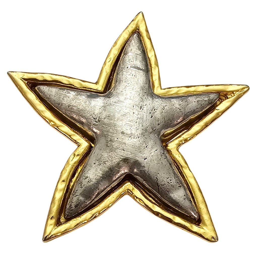 Edouard Rambaud Star Brooch, Hammered Silver, Gold Edge C-Clasp Pin Signed, J511